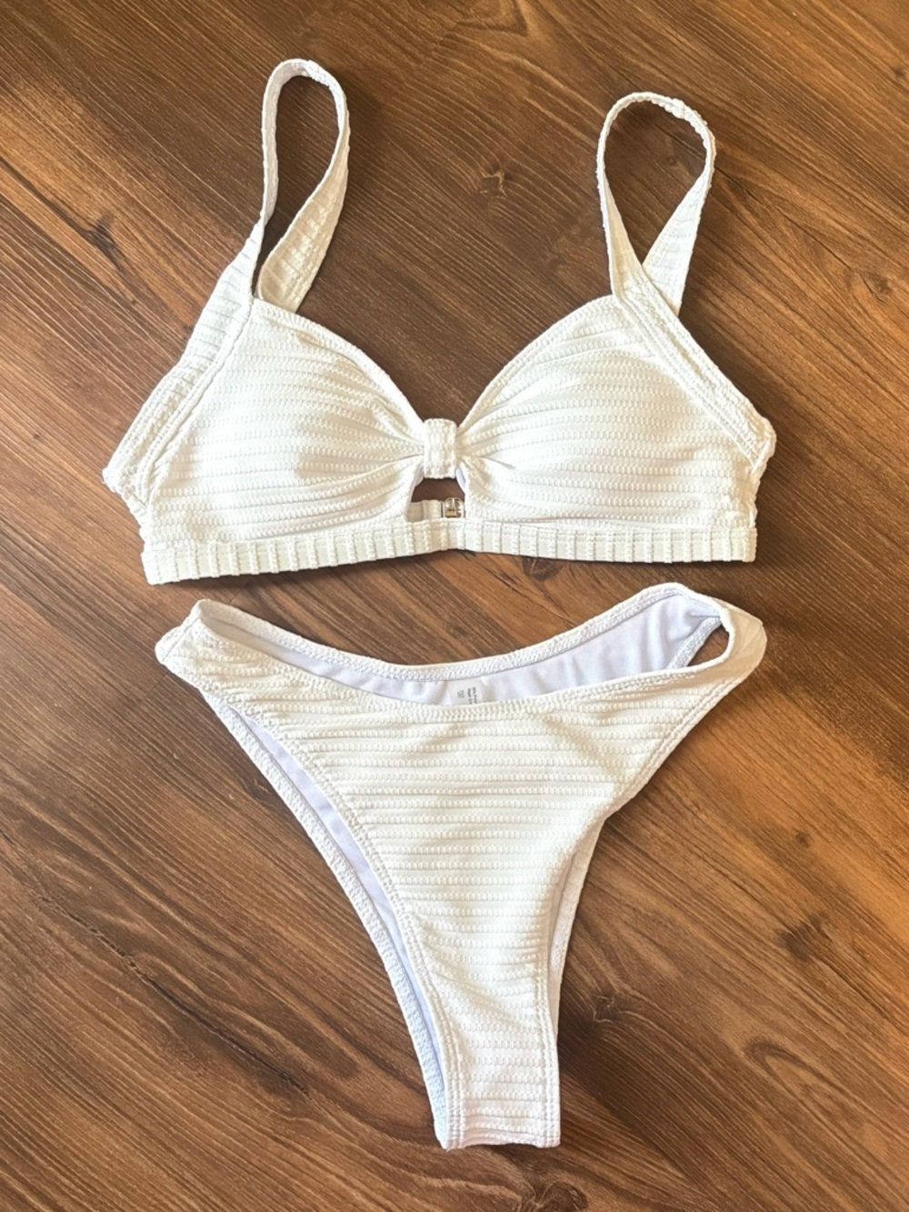 SHEIN White Ribbed Knot Front Bikini Set